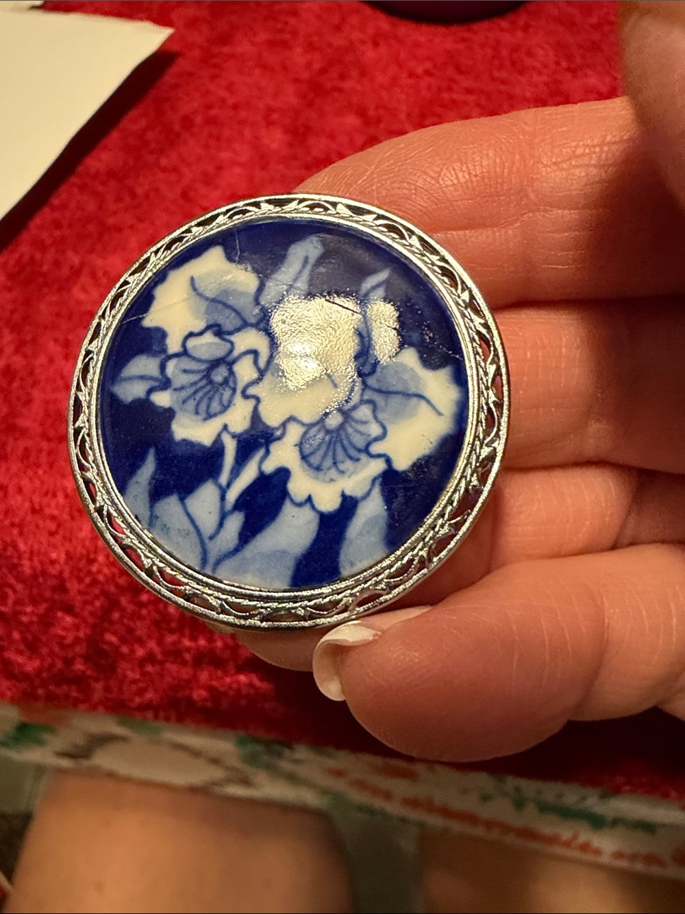 Blue and White Floral Porcelain Pendant Necklace has line in porcelain see pics